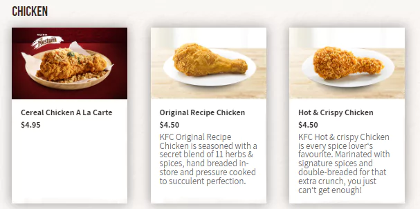 kfc chicken menu