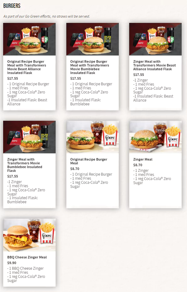 kfc burgers menu singapore for one person
