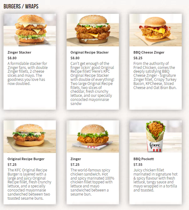 kfc burgers, wraps menu