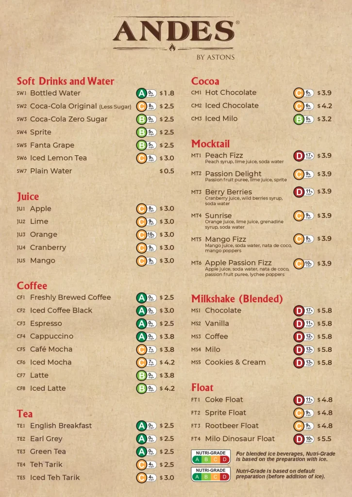 Andes Drinks menu 