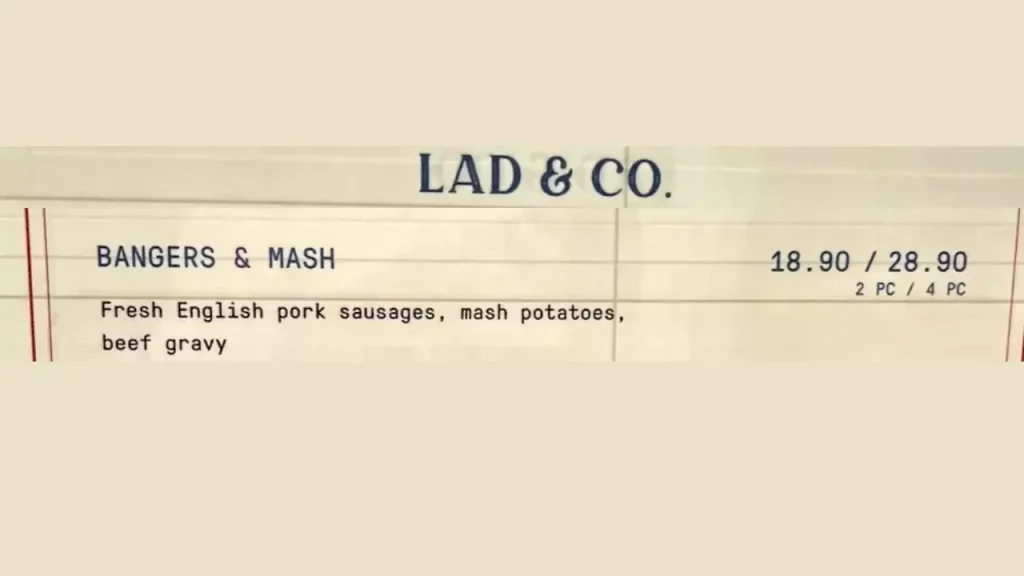 Bangers & Mash Lad And Co Menu