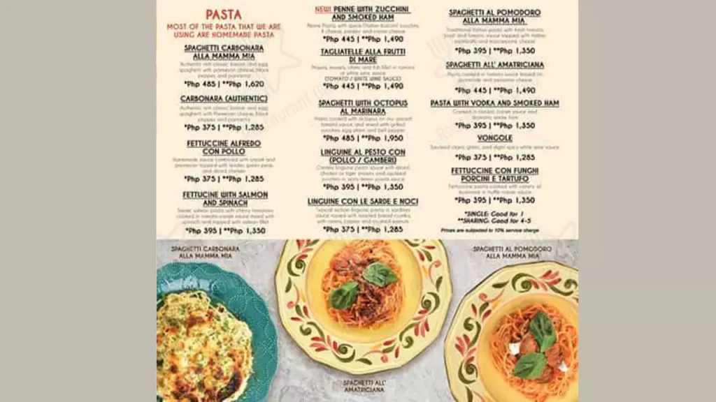 Pasta Mamma Mia Menu