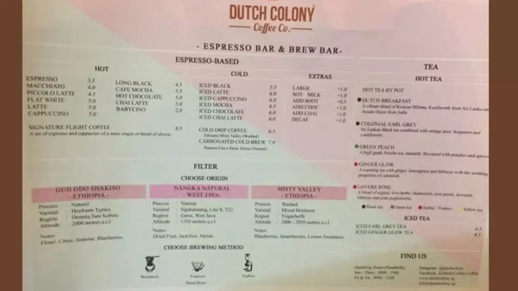 Beverages Dutch Colony Menu