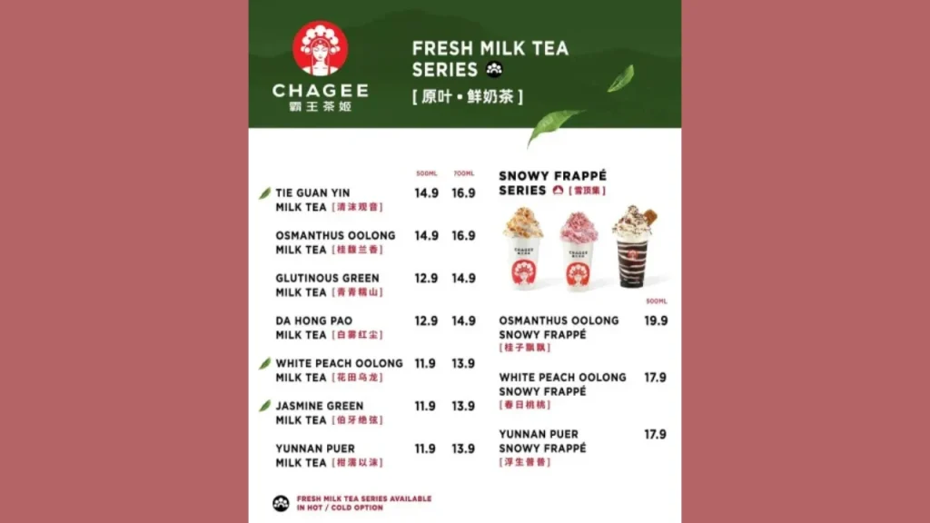 Fresh Milk Tea Series Chagee Menu