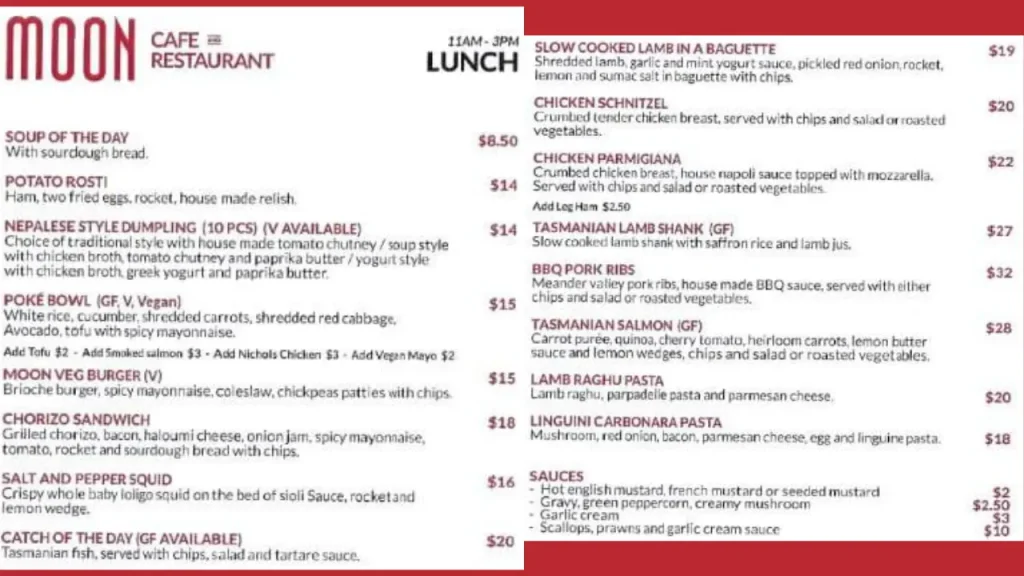 Lunch Moonchild Menu