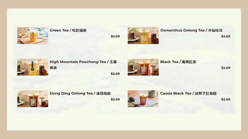 Signature Teas Chi Cha San Chen Menu