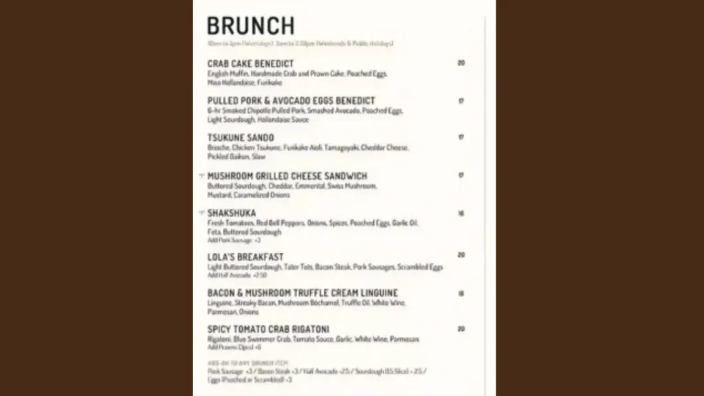 Brunch Menu Lola Faye Cafe