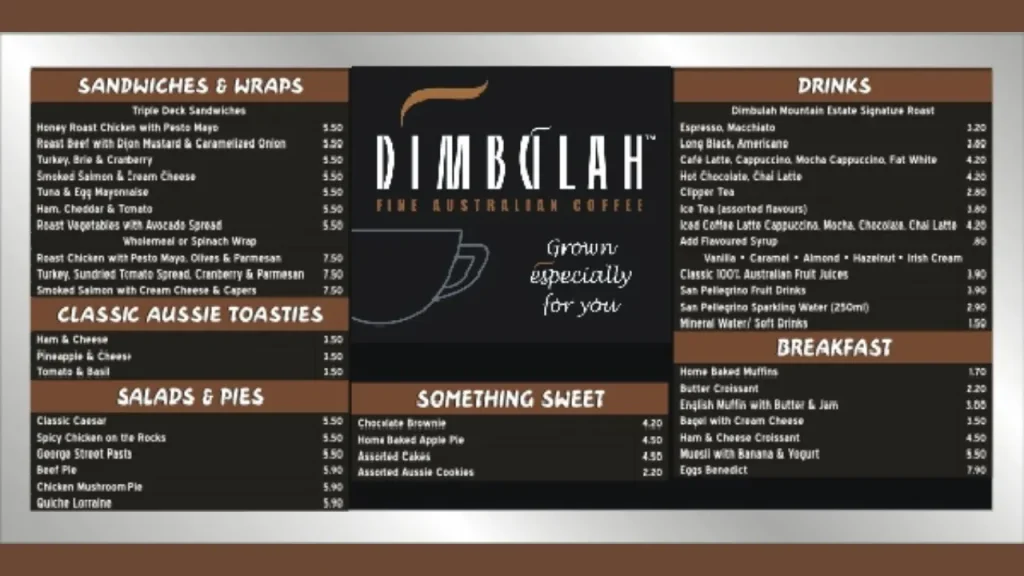 Detailed Menu Dimbulah Cafe 137 Market St