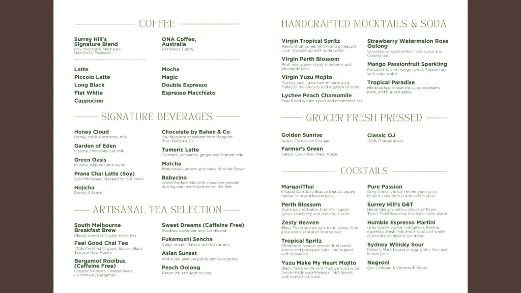 Beverage Surrey Hills Grocer ION Orchard Menu