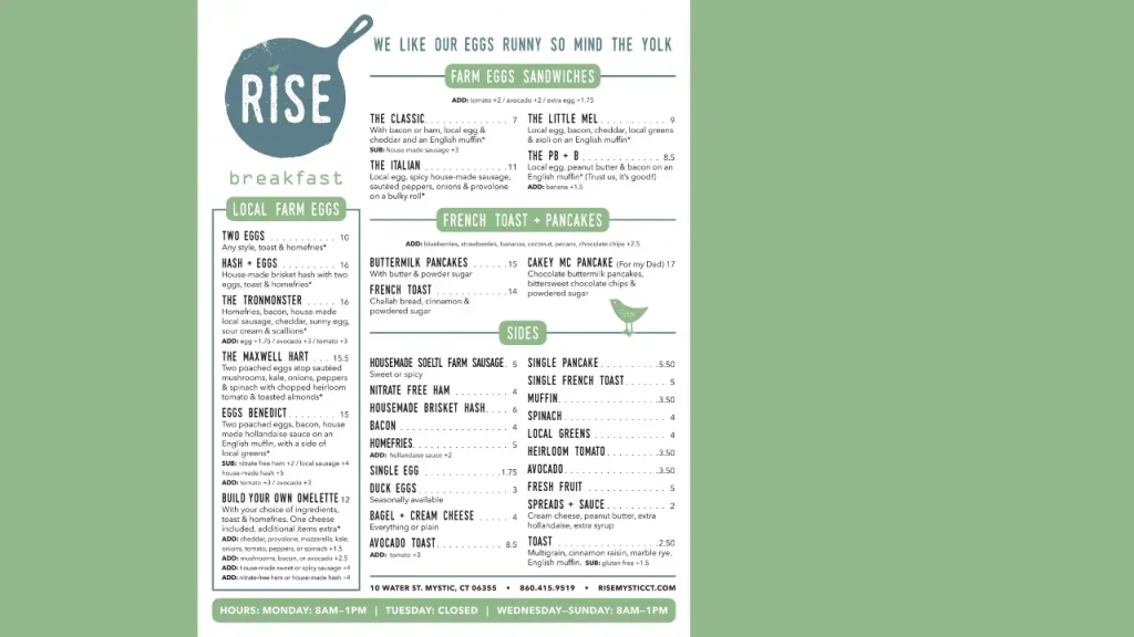 Breakfast Offerings Rise Restaurant Menu 