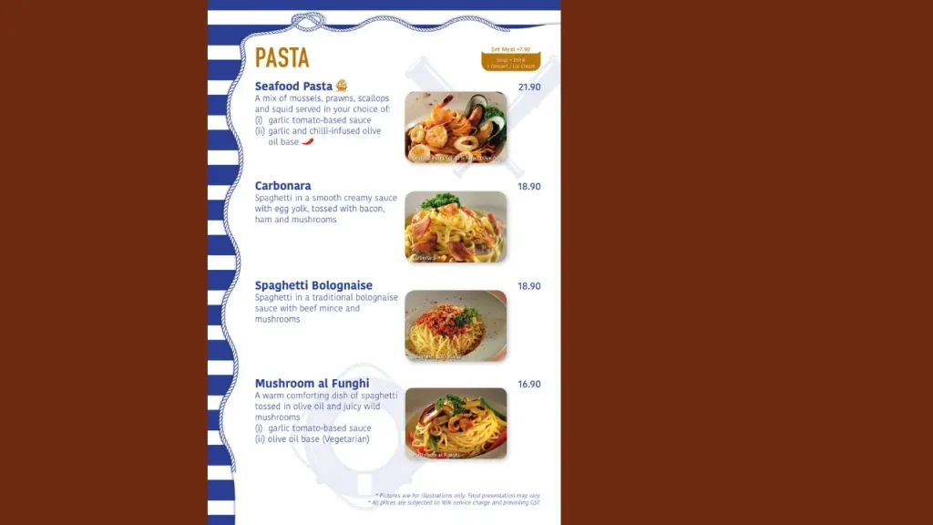 Pasta The Ship Restaurant @ Shaw Centre Menu