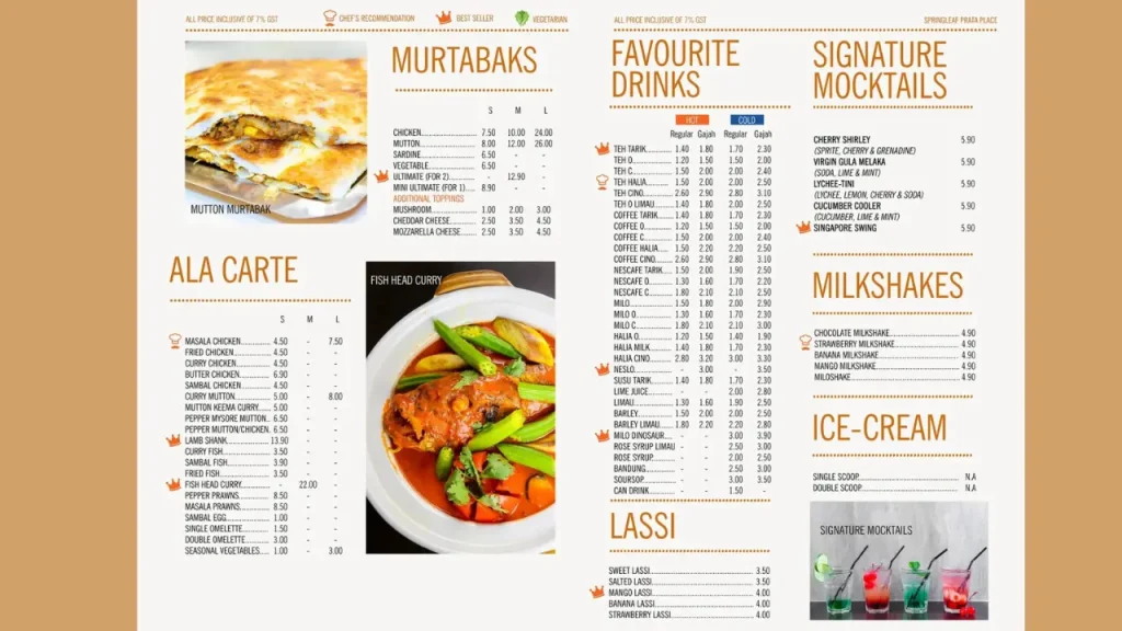 Special Mocktails and Drinks Springleaf Prata Menu