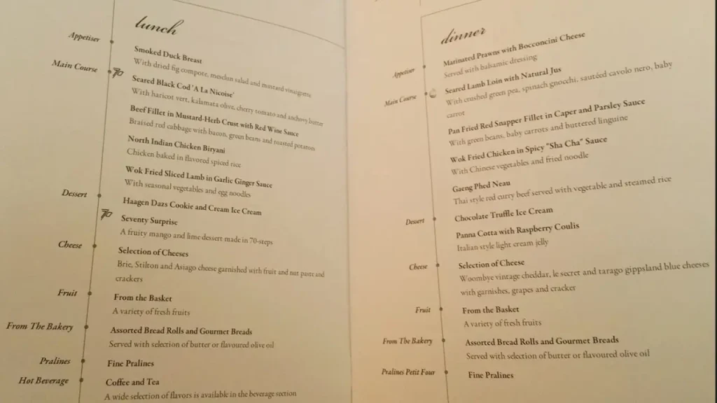 Economy Class Choices SQ Menu