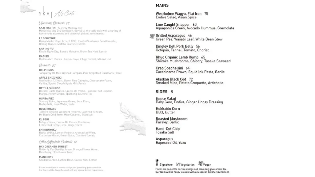 Menu and Culinary Approach Skai Restaurant