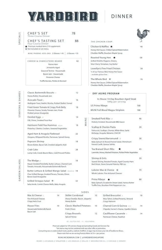 Detailed Yardbird Southern Table and Bar Menu with Prices