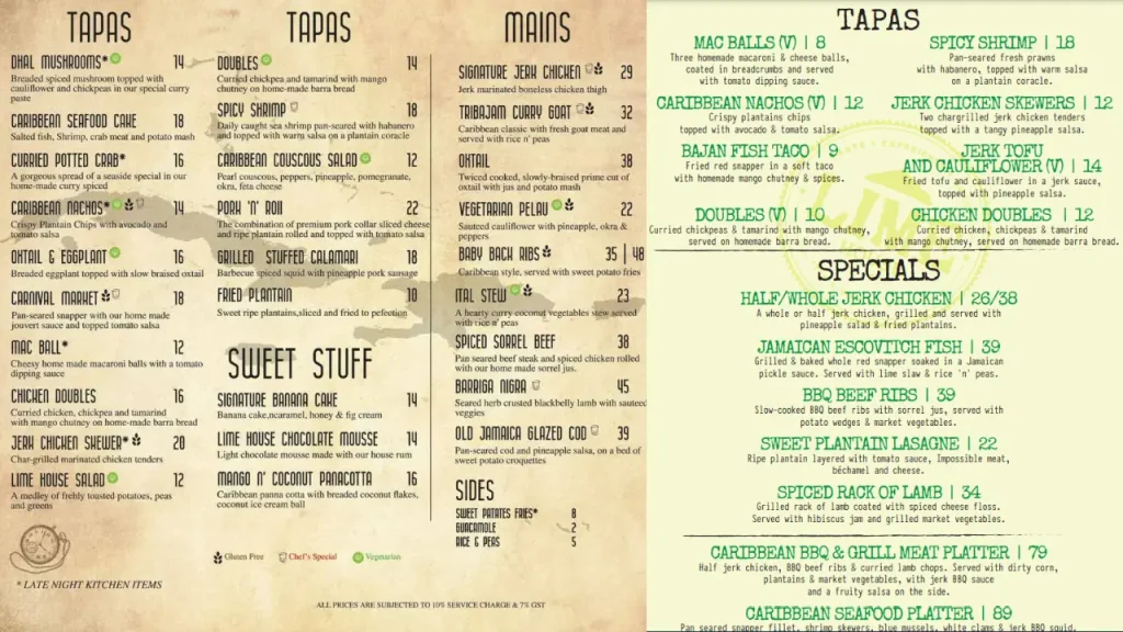 À La Carte Choices Lime Restaurant Menu