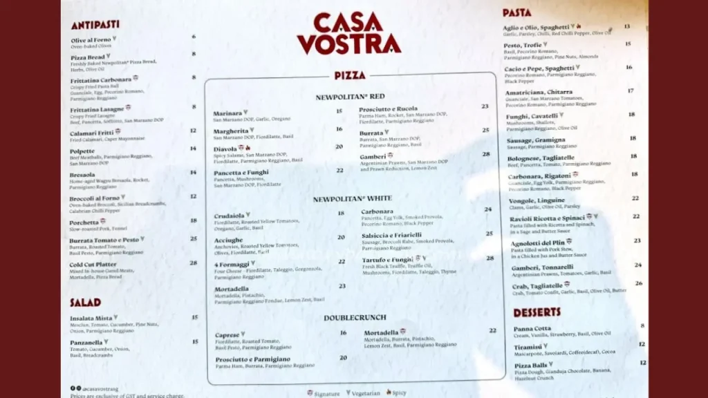 Italian Tradition Casa Vostra, Raffles City Menu