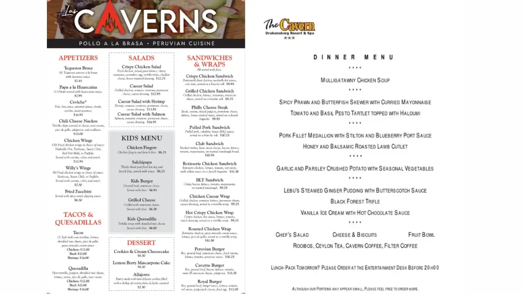 Signature Dishes Cavern Restaurant Menu