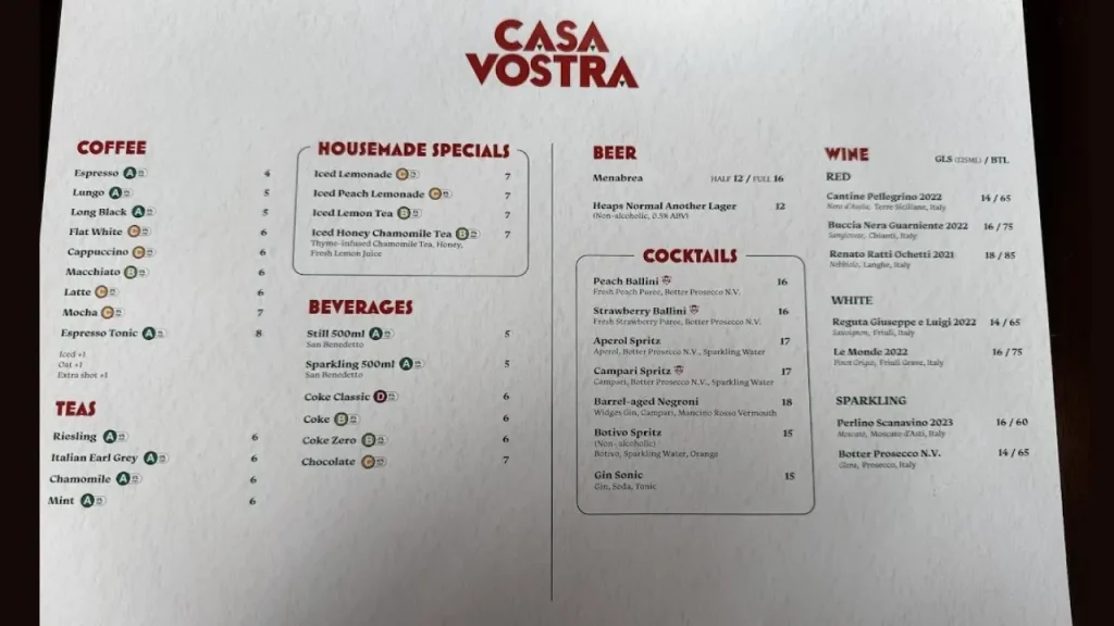 Drinks Casa Vostra Menu