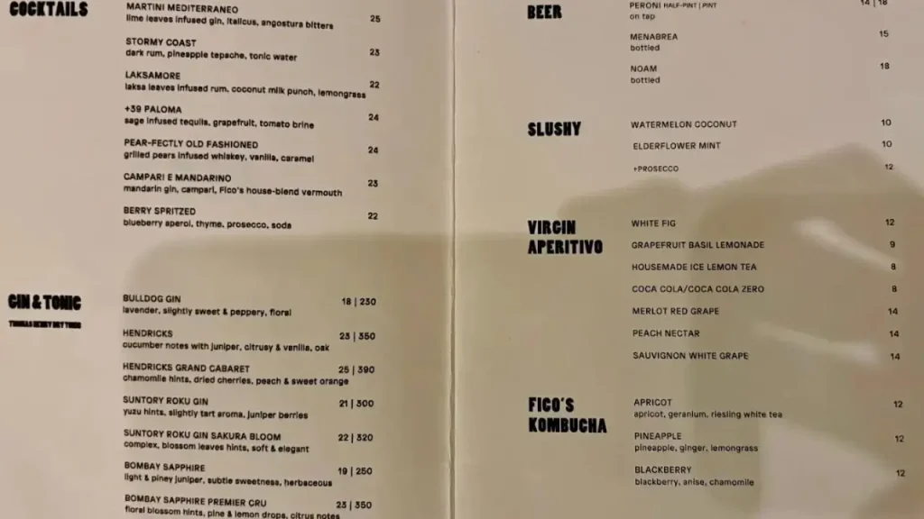 Beverage Selection Ficomasseria Menu