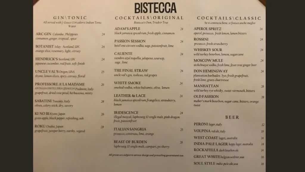 Drinks Bistecca Tuscan Steakhouse Menu