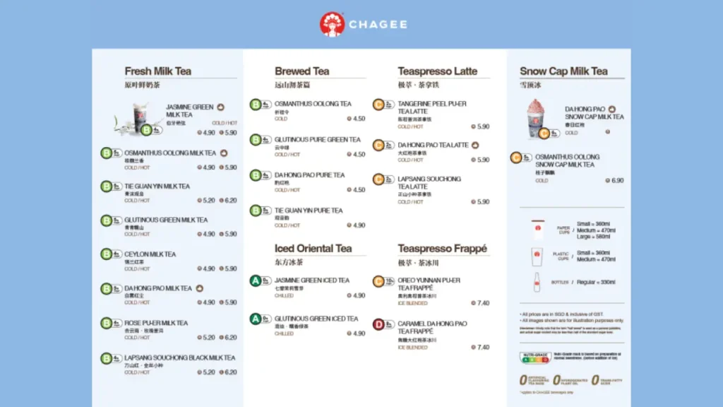 Fresh milk tea series CHAGEE Menu Singapore