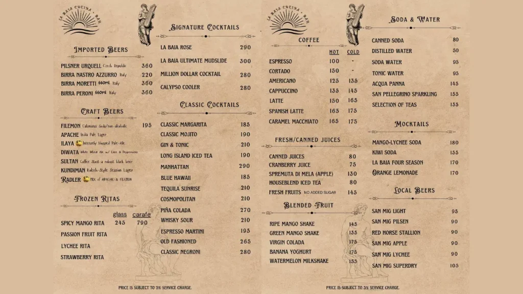 Beverage Pairings Baia Menu